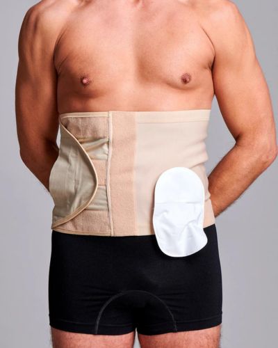 CUI Unisex Adjustable Hole Anti Roll Ostomy Hernia Support Belt - 26cm/10inch - 1 each, SMALL, LEFT - BEIGE - WITH POUCH OPENING