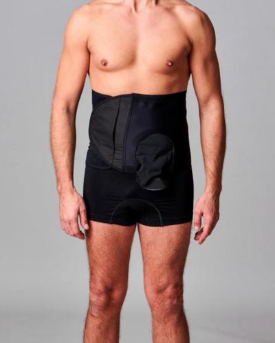 CUI Unisex Adjustable Hole Anti Roll Ostomy Hernia Support Belt - 26cm/10inch - 1 each, XSMALL, LEFT - BLACK - WITH POUCH OPENING