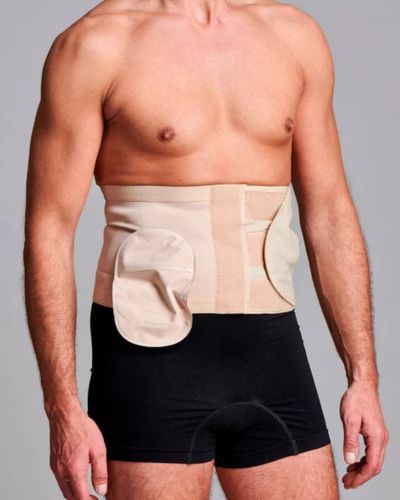 CUI Unisex Adjustable Hole Anti Roll Ostomy Hernia Support Belt - 20cm/8inch - 1 each, LARGE, RIGHT - BEIGE - WITH POUCH OPENING