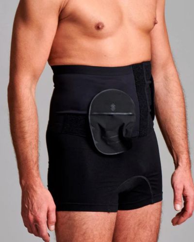 CUI Unisex Adjustable Hole Anti Roll Ostomy Hernia Support Belt - 20cm/8inch - 1 each, LARGE, RIGHT - BLACK - WITH POUCH OPENING