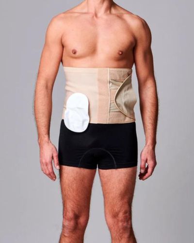 CUI Unisex Adjustable Hole Anti Roll Ostomy Hernia Support Belt - 26cm/10inch - 1 each, XSMALL, RIGHT - BEIGE - WITH POUCH OPENING