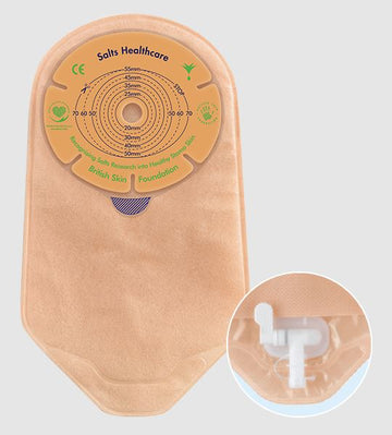 Poche d'urostomie Salts Confidence Natural ADVANCE 1 pièce avec Flexifit et Aloe - 10 unités par boîte, 13-70 mm (1/2"-2 3/4"), PETITE, BEIGE AVEC RECOUVREMENT TRANSPARENT